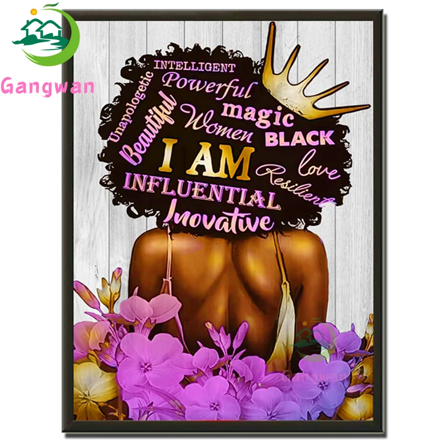 Черна момиче nfemale цветя вдъхновяващи цитати диамантена живопис бродерия на кръстат бод африканска жена плакат абстрактна начало декор мозайка