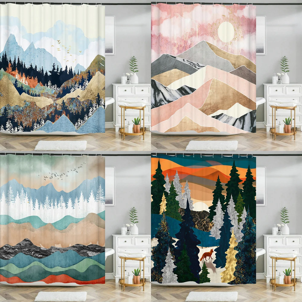 Японски стил горски пейзаж печат на душ завесата водоустойчив полиестер плат баня завеса баня завеса с куки