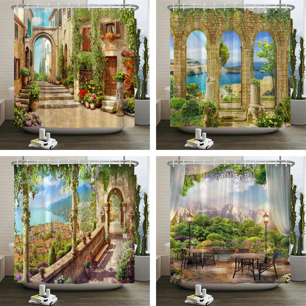 3D Европейското Изграждане на Градински Цветя Двор Пейзаж Завеса За Душ Водоустойчив Полиестер Завеси За Баня Стенен Декор Завеса