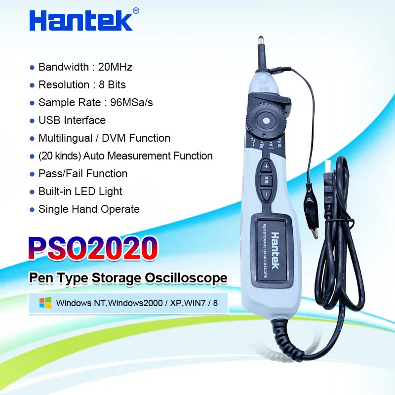Цифров осцилоскоп Hantek PSO2020 USB 20 Mhz 96MSa/s 1 Канален Портативен USB-инструмент за диагностика със софтуер на CD