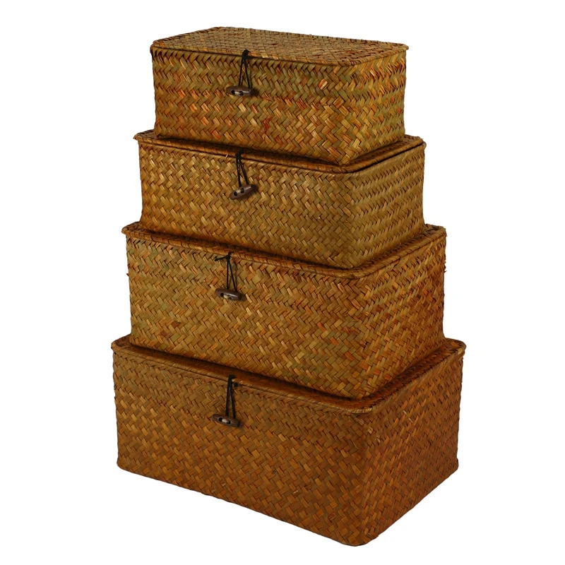 Кошница за съхранение на водорасли с капаци, Плетени Правоъгълни кошници, Сплетен Органайзер за съхранение на рафта, комплект от 4