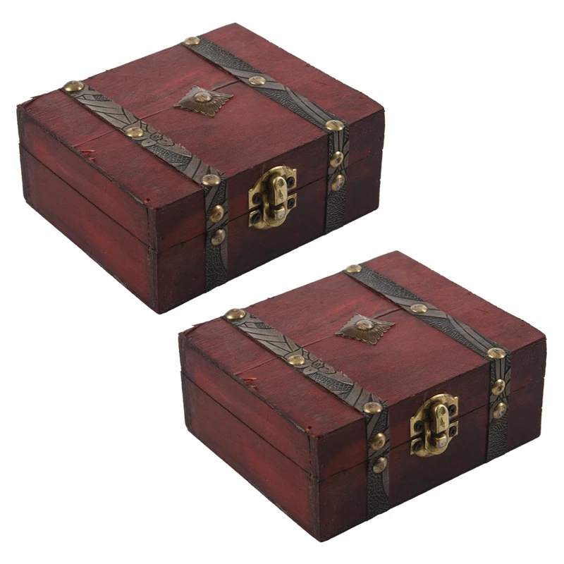 2X Дървен Ретро Заключване Съкровище Кутия За Съхранение на Бижута Калъф Органайзер Пръстен Подарък