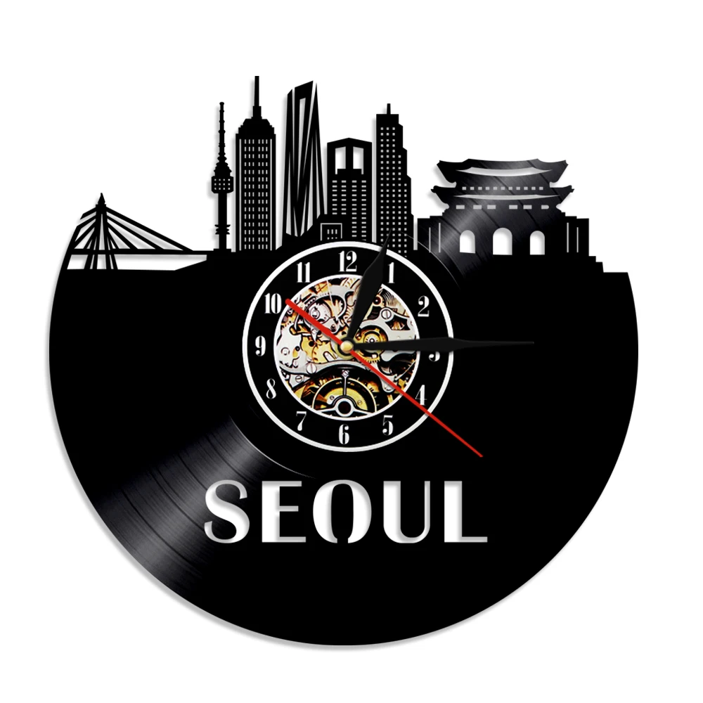 Архитектура Сеул Старинни Стенни Часовници Южна Корея Градски Пейзаж Vinyl Плоча Висящи Домашни Декоративни Часовници Сеул Пътник Подарък