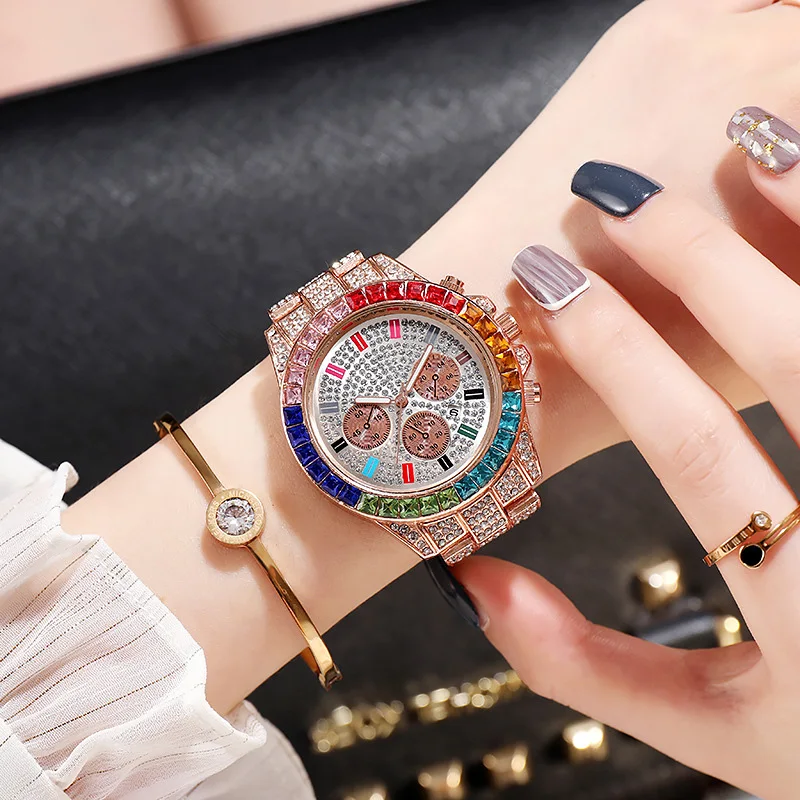 Европейските и американските дамски часовници с диаманти в стил хип-хоп, модерен моден кварцов часовник с календар с голям циферблат, часовници gypsophila