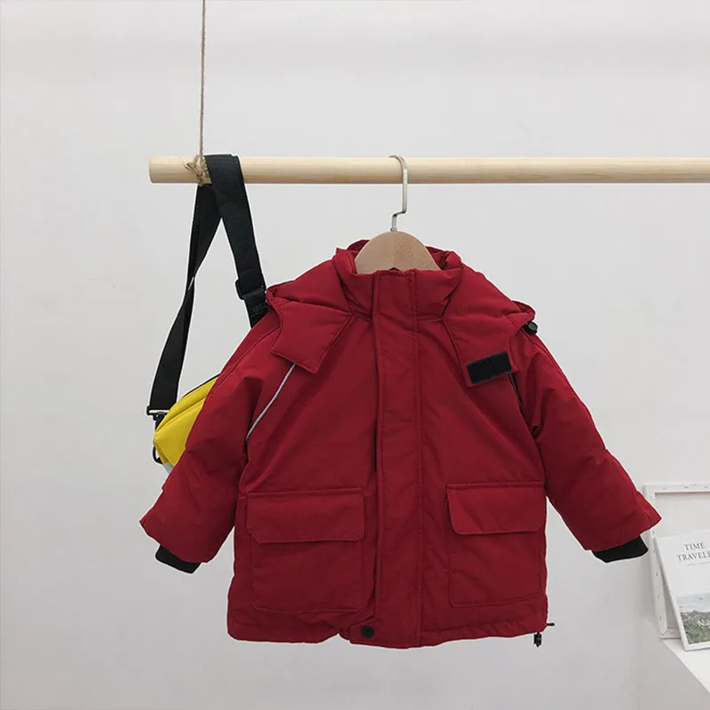 Корейското Детско палто с памучна подплата, за момчета и момичета, зимна Мода Свободна Утепленная Топла горна дреха с качулка, Дрехи за деца от 1 до 8 години