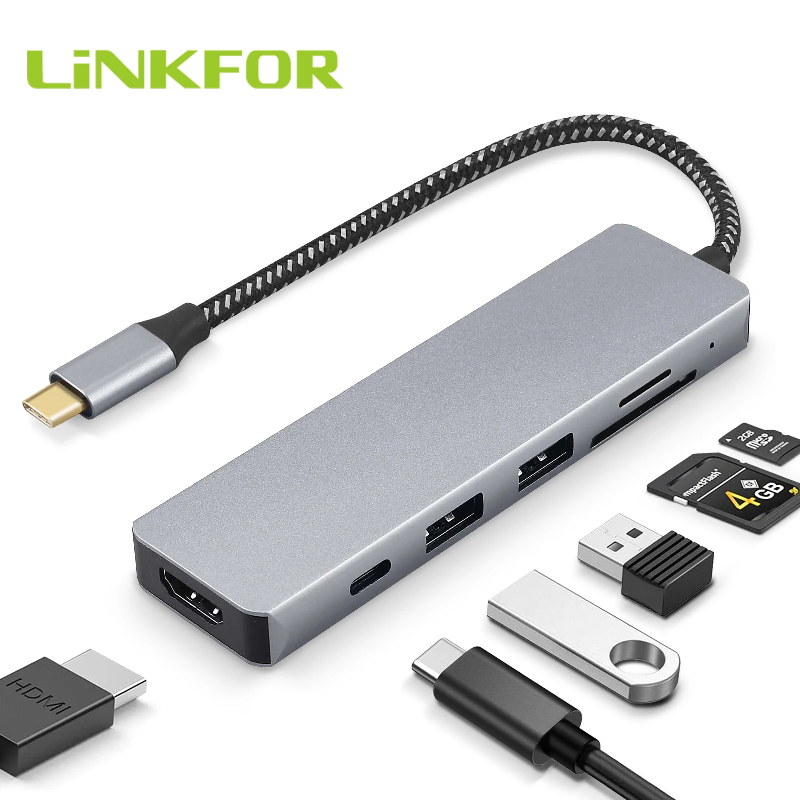 LiNKFOR Преносим 6 В 1 C USB Хъб Многопортовый Адаптер Донгл с 4K, HDMI Изход 100 W PD Зареждане и USB 3.0 Порт, SD/TF Четец на карти