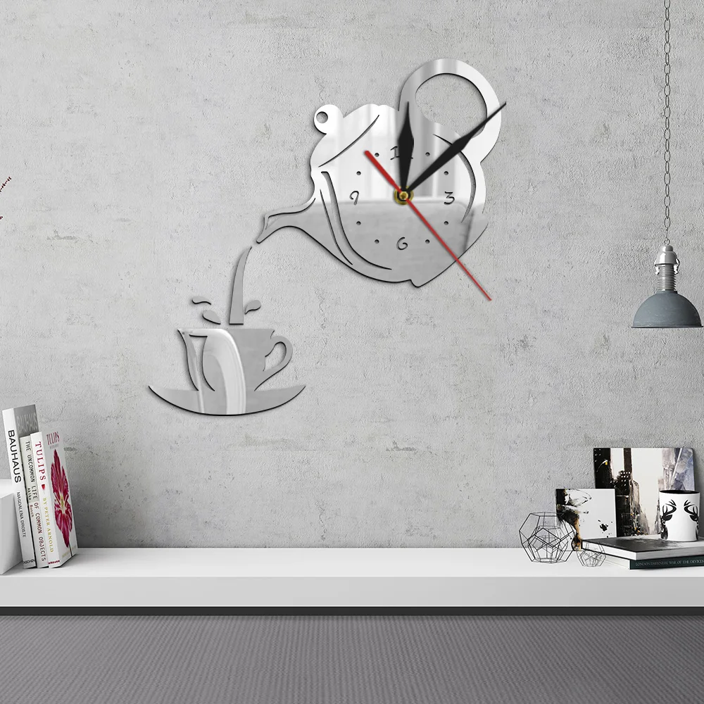 Направи си САМ Кана и Чаша Дизайн Акрилни Стенен Часовник с Огледален Ефект, уреди За Заваряване на чай под Формата На Стенни Висящи часовници Часовници Декор на чайната