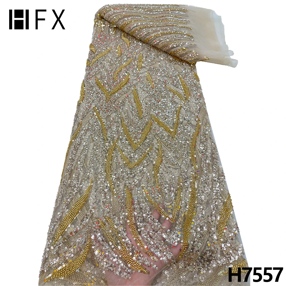 HFX 5 ярда Луксозна Тежка Лейси Плат със Златни Пайети и Мъниста, За да на Булчинската Рокля Вечерна Рокля с Висококачествена Френска Лейси Плат H7557