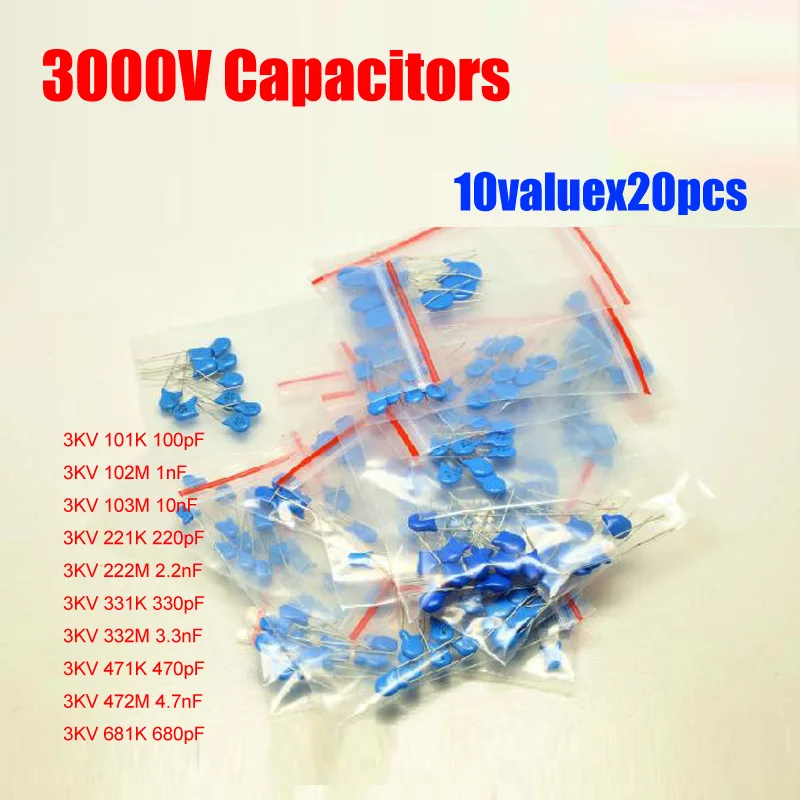 Безплатна доставка 10valuesX20pcs = 200pcs 3KV високо напрежение Керамичен Кондензатор 3000 Гама от Комплект 100PF ~ 4.7 NF Опаковка
